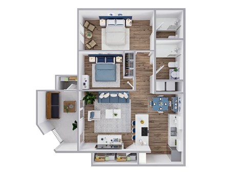 Floor plan for 2 beds, 2 baths, 940 sqft